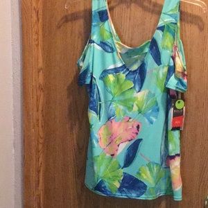 Blue tropical print cold shoulder top